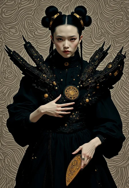 A woman with striking, angular features and a pale, confident complexion stands against a mesmerizing backdrop of black-and-white fractal lines, forming an intricate optical illusion that creates depth and movement. She wears a flowing black dress adorned with gold accents and wind-inspired swirling patterns, reminiscent of traditional attire with a modern, avant-garde twist. The dress features structured fan-like elements at her shoulders and waist, exuding a commanding, regal presence. Her hair is styled in four sleek buns, each adorned with intricate fan-shaped accessories, enhancing her sense of power. Her gaze is intense and steady, exuding quiet strength and determination. Soft, focused lighting highlights the gold details of her outfit, as one hand grips a sculpted fan by her side while the other extends slightly forward, poised with latent energy. The optical illusion background enhances the surreal quality of the scene, blending geometric complexity with the elegance of her outfit for a striking, fashion-forward aesthetic.