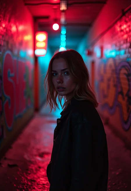 A subject stands in an urban alleyway, bathed in the vibrant glow of neon lights. Reds, blues, and greens cast colorful reflections on the wet pavement, the subject’s features partially illuminated in a striking contrast, graffiti walls framing the scene, extreme close-up, colorful, dynamic light.