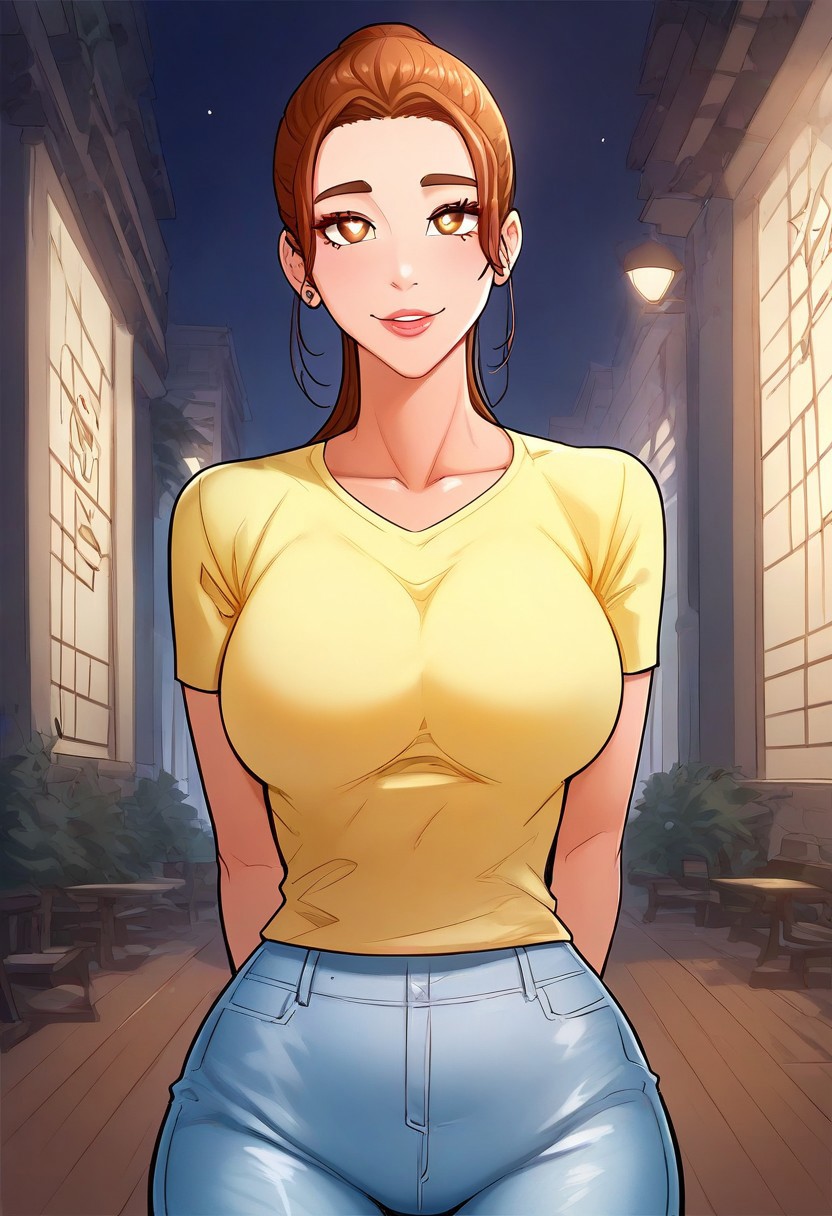 score_9, score_8_up, score_7_up, ASCII masterpiece, source_anime, BREAK, 1girl, solo, (( <lora:baek_ja-in:1> , baek_ja-in, thin waist, wide hips, beautiful skin, piercing light brown eyes, clear eyes, bright pupils, beautiful eyes, beautiful light brown hair, beautiful ponytail, huge and shaggy breasts, natural beauty, extraordinary beautiful woman, attractive woman, super sexy woman, lustful body, sexy woman with seductive obscene body, sensual body, voluptuous body, sexy beauty, no piercings, no piercing, )) , ((short-sleeves yellow top, denim pants, )) , indoors, shiny clothes, shiny skin, night club, erotic bar, classy decorations, cowboy shot, from above, looking at viewer, hands behind back, (detailed face, detailed eyes), delicate features, soft lighting, seducative smile, cute and sexy, very detailed, high detailed texture, uncensored, rare view, makeup,