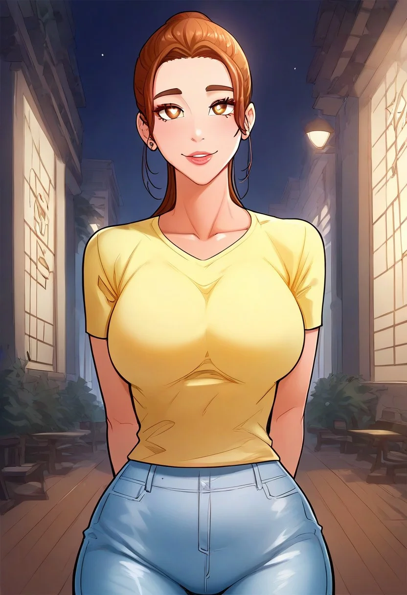 score_9, score_8_up, score_7_up, ASCII masterpiece, source_anime, BREAK, 1girl, solo, (( <lora:baek_ja-in:1> , baek_ja-in, thin waist, wide hips, beautiful skin, piercing light brown eyes, clear eyes, bright pupils, beautiful eyes, beautiful light brown hair, beautiful ponytail, huge and shaggy breasts, natural beauty, extraordinary beautiful woman, attractive woman, super sexy woman, lustful body, sexy woman with seductive obscene body, sensual body, voluptuous body, sexy beauty, no piercings, no piercing, )) , ((short-sleeves yellow top, denim pants, )) , indoors, shiny clothes, shiny skin, night club, erotic bar, classy decorations, cowboy shot, from above, looking at viewer, hands behind back, (detailed face, detailed eyes), delicate features, soft lighting, seducative smile, cute and sexy, very detailed, high detailed texture, uncensored, rare view, makeup,