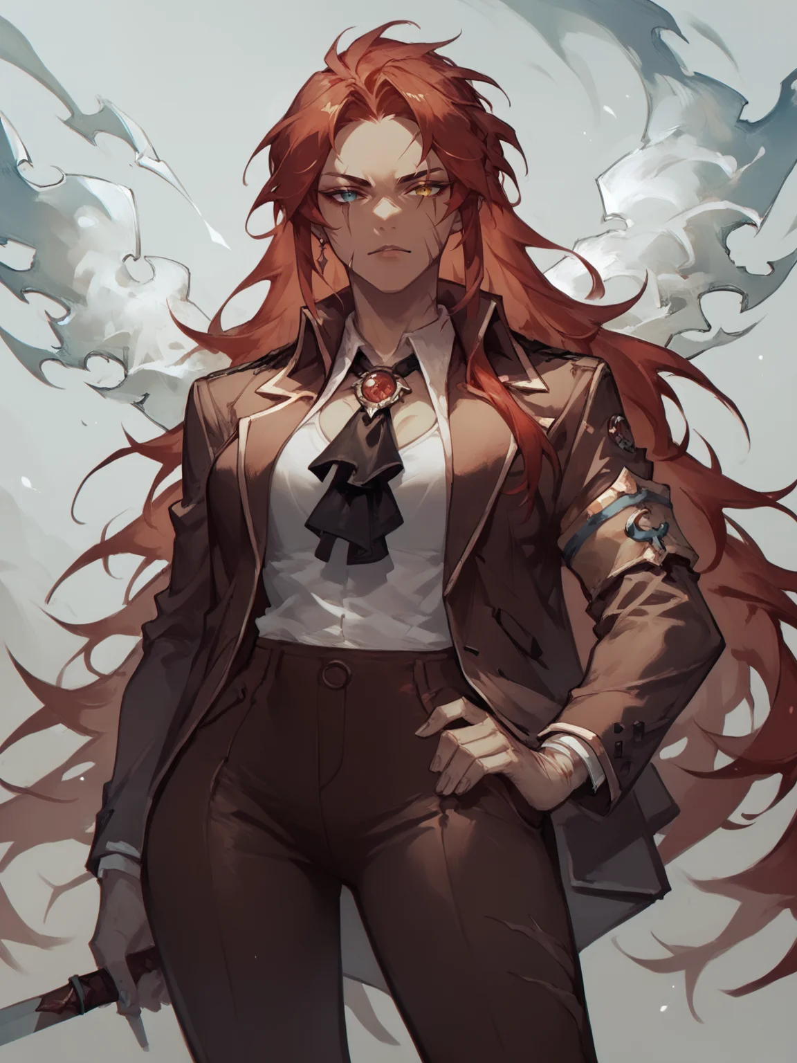score_9, score_8_up, score_7_up, Gebura, 1woman, solo, red long hair, scars on face, heterochromia, (brown blazer), black necktie, brown pants, Concept Art <lora:Gebura:1> <lora:Concept Art Twilight Style SDXL_LoRA_Pony Diffusion V6 XL:1>