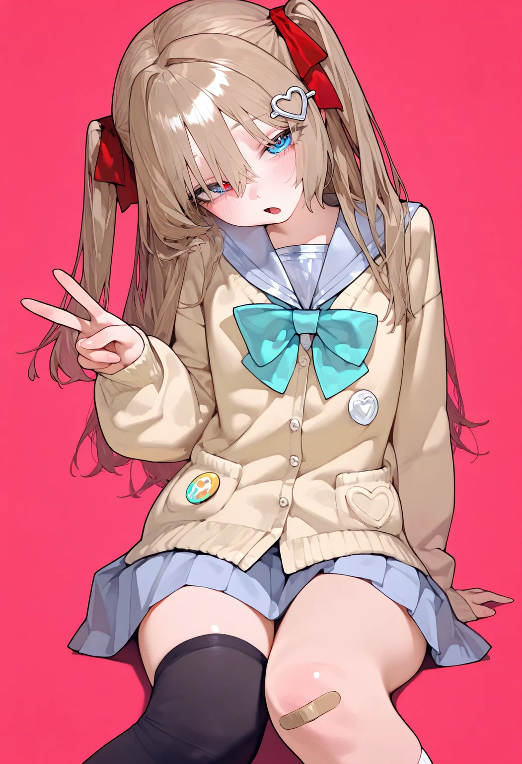 <lora:eatsleep111SDXL:1>, best quality, masterpiece, eatsleep1111, neuro-sama, 1girl, black thighhighs, blush, school uniform, grey skirt, blue eyes, aqua bow, blue skirt, long hair, serafuku, two side up, red ribbon, single thighhigh, grey sailor collar, bandaid on knee, open mouth, button badge, bandaid on leg, yellow cardigan, hair ribbon, aqua bowtie, asymmetrical legwear, solo focus, pleated skirt, uneven legwear, looking at viewer, pink background, white heart hair ornament, head tilt, v, <lora:NeuroEvilVedalSDXLNoobAI10:1>