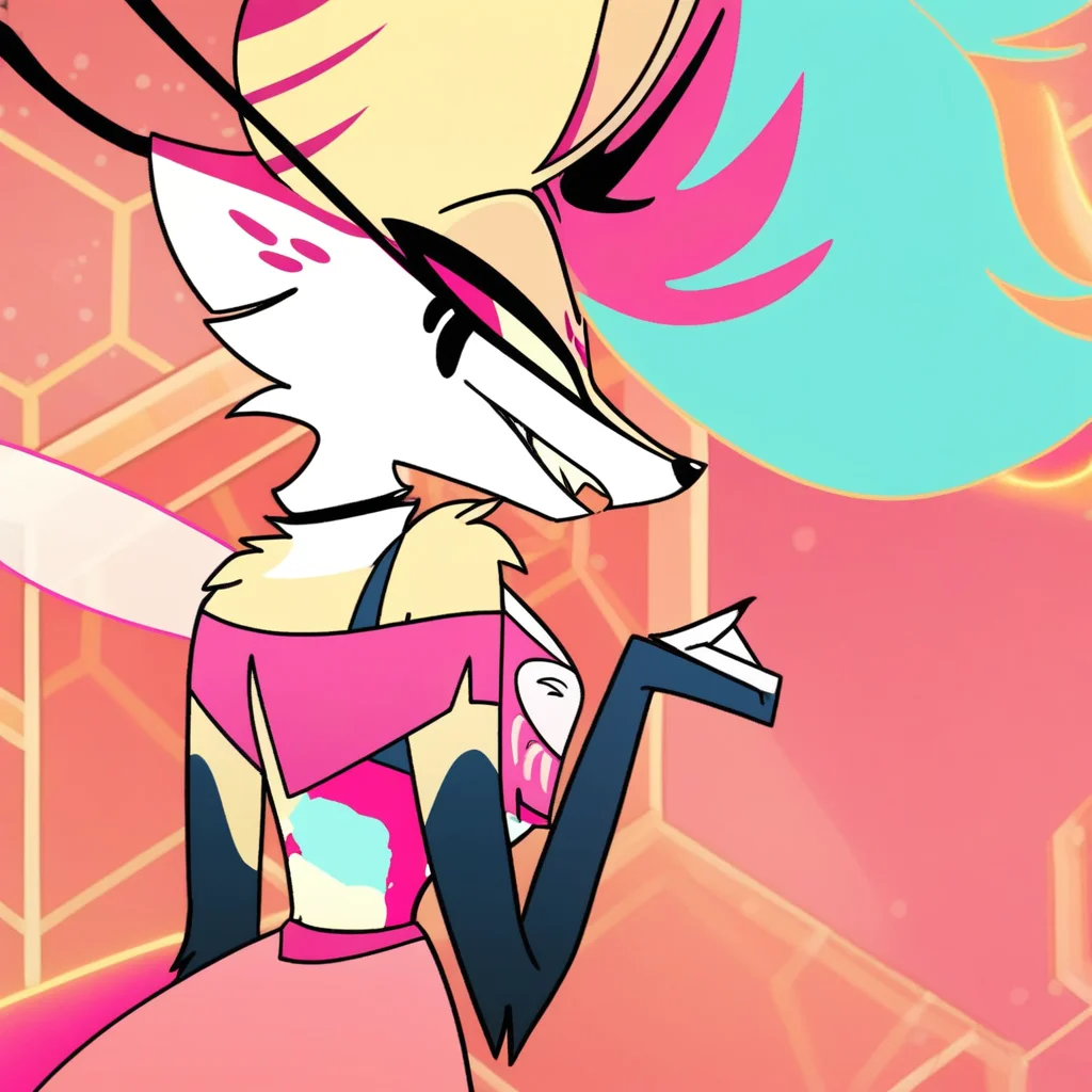 Queen Bee, furry, multicolored hair, pink eyes, pink top, boob window, looking at you