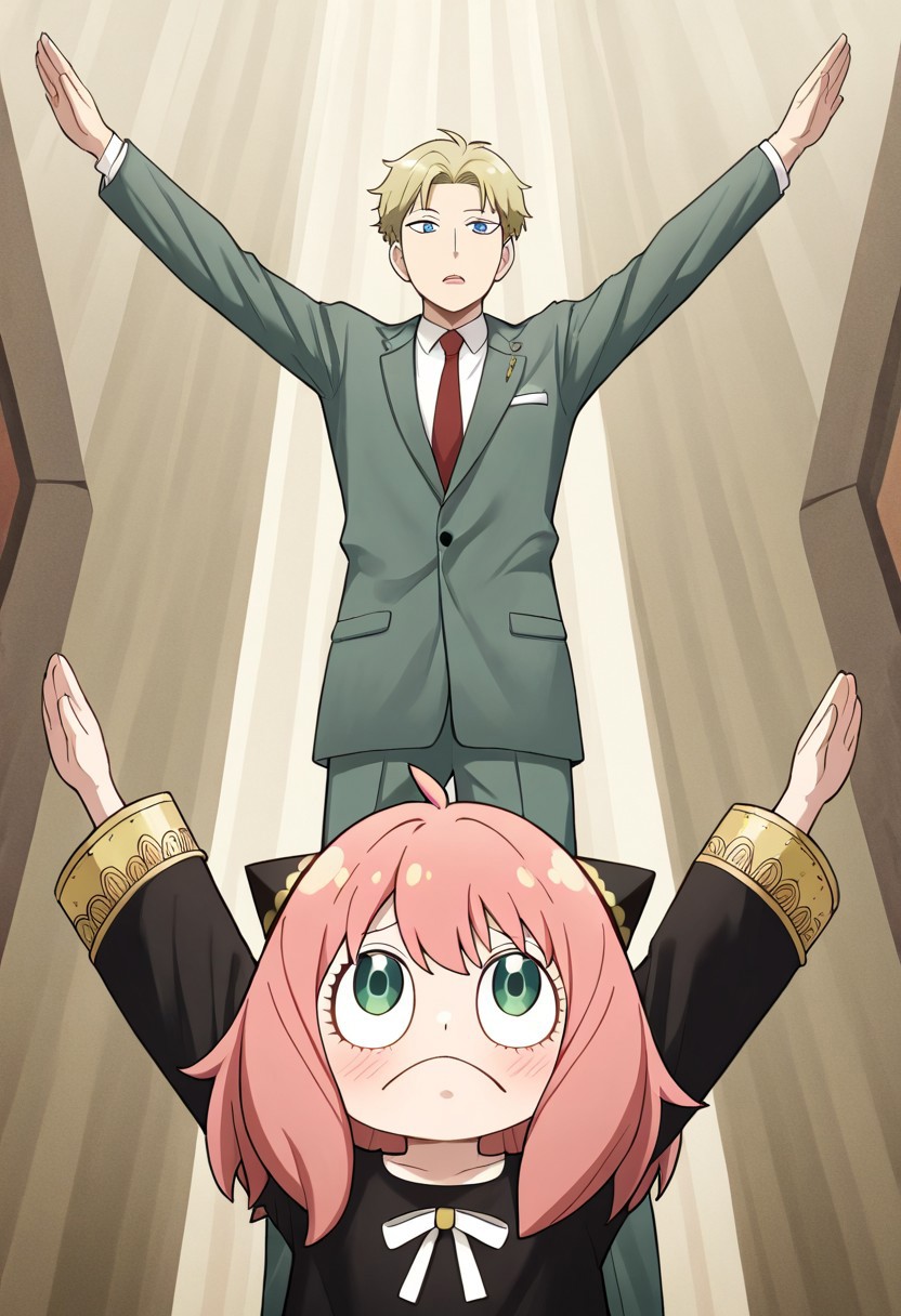 masterpiece, best quality, newest, absurdres, highres,  anime, anime style, PraiseTS-V1.0, \o/,  outstretched arms, praise the sun,  arms up, 1boy, loid forger \(spy_x_family\), blonde, blue eyes, green suit,
1girl, Anya_forger, \(spy_x_family\), pink hair,