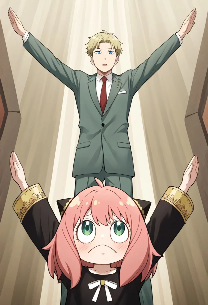 masterpiece, best quality, newest, absurdres, highres,  anime, anime style, PraiseTS-V1.0, \o/,  outstretched arms, praise the sun,  arms up, 1boy, loid forger \(spy_x_family\), blonde, blue eyes, green suit,
1girl, Anya_forger, \(spy_x_family\), pink hair,