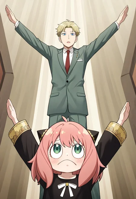 masterpiece, best quality, newest, absurdres, highres, anime, anime style, PraiseTS-V1.0, \o/, outstretched arms, praise the sun, arms up, 1boy, loid forger \(spy_x_family\), blonde, blue eyes, green suit,
1girl, Anya_forger, \(spy_x_family\), pink hair,