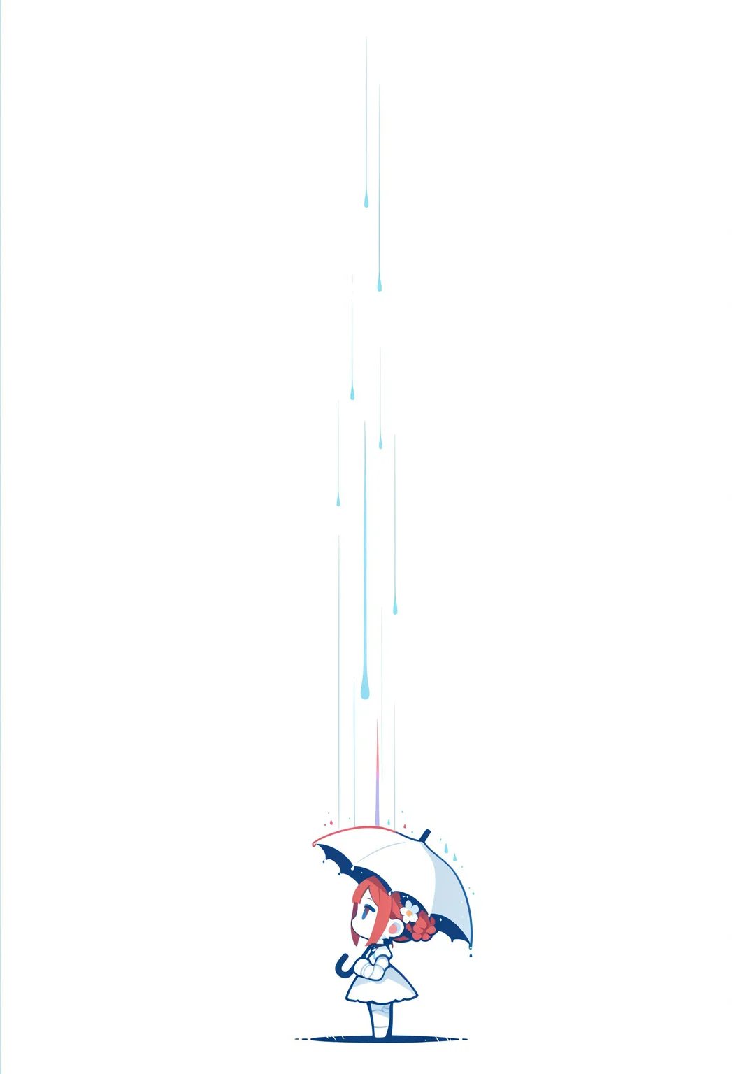1girl, doll girl, chibi girl, doll joints, red hair, long hair, braided bun, hair ribbons, hair flower, standing, side view, holding umbrella, rainbow colored rain, minimalism, (monochrome, negative space:1.2), white theme, painterly, limited palette, whimsical, fine art, masterpiece, best quality, good quality, very awa, very aesthetic, absurdres, newest, haiz_ai, no lineart,no outlines,