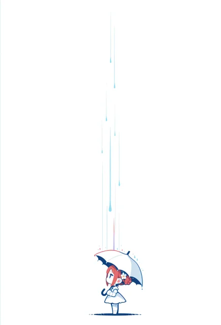 1girl, doll girl, chibi girl, doll joints, red hair, long hair, braided bun, hair ribbons, hair flower, standing,  side view, holding umbrella, rainbow colored rain, minimalism, (monochrome, negative space:1.2), white theme, painterly, limited palette, whimsical, fine art, masterpiece, best quality, good quality, very awa, very aesthetic, absurdres, newest, haiz_ai, no lineart,no outlines,