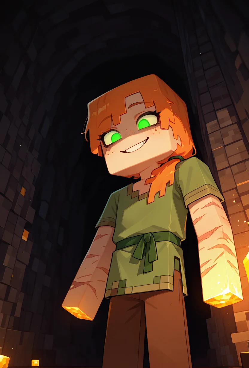 <lora:alexmc-10:1> alexmc, orange hair, 1girl, solo, green eyes, long green shirt, brown pants, short sleeves, freckles, square arms, square body, green waist ribbon, minecraft world, inside a cave, glowing eyes, no pupils, crystal coming out of walls, cubes, evil grin, dark scene, no light, scars, injury, masterpiece, best quality, amazing quality, very aesthetic, absurdres, newest,