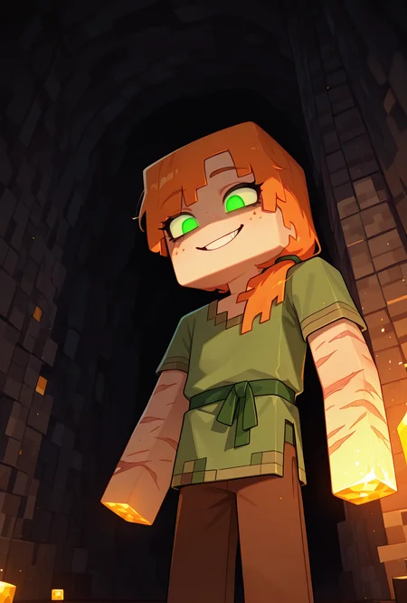 <lora:alexmc-10:1> alexmc, orange hair, 1girl, solo, green eyes, long green shirt, brown pants, short sleeves, freckles, square arms, square body, green waist ribbon, minecraft world, inside a cave, glowing eyes, no pupils, crystal coming out of walls, cubes, evil grin, dark scene, no light, scars, injury, masterpiece, best quality, amazing quality, very aesthetic, absurdres, newest,