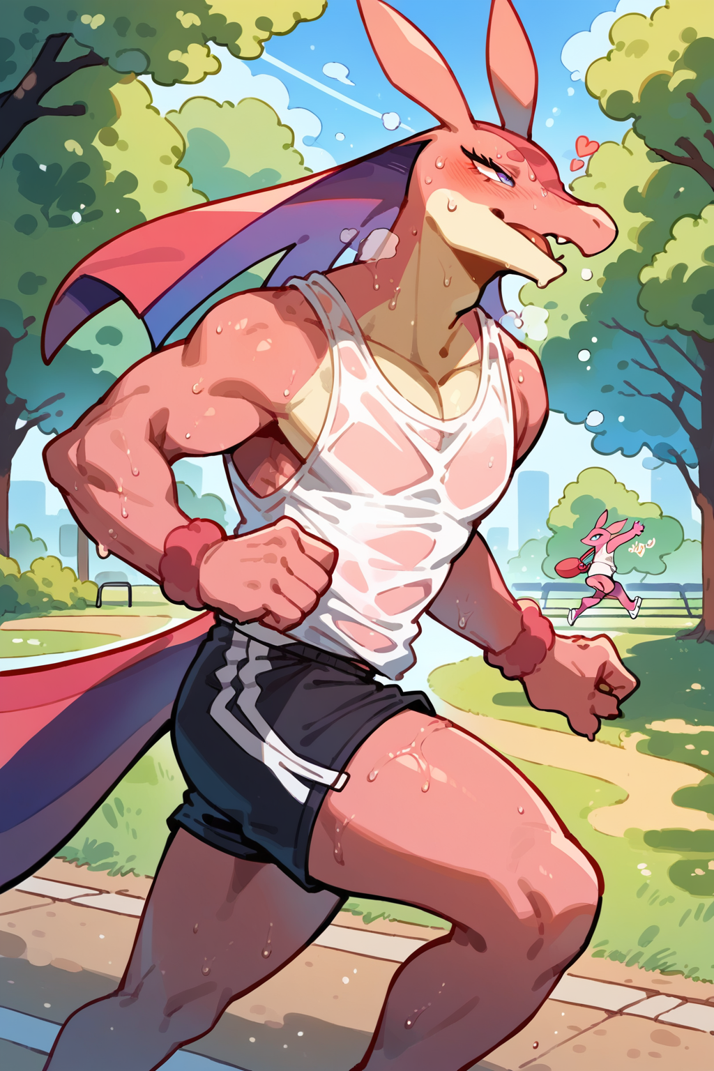 score_9, score_8_up, score_7_up,
((best quality)), absurdres,
<lora:LovanderPXL:1> lovanderpxl, anthro, 1boy,
park, jogging, in motion,  tank top, short shorts, translucent topwear, sweat, outdoors, half body portrait,
<lora:Smooth Anime Style LoRA XL:0.7> Smooth, Anime, <lora:Expressive_H:1> Expressiveh,