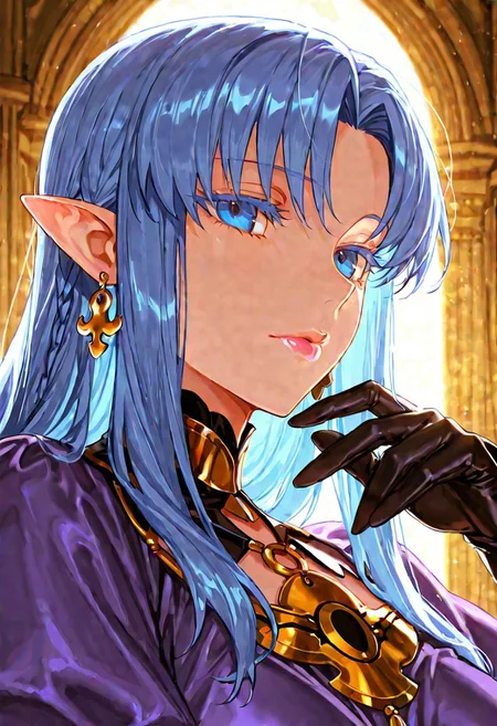 1girl, Medea \(fate\),, adult woman, earrings, masterpiece, purple dress, hand up, black gloves, blue hair, long hair, pointy ears, luscious lips, lip gloss, portrait, colored eyelashes, backlighting, blue eyes, goddess, glossy skin, ,hires,best quality, very aesthetic,absurdres,score_9, score_8_up, score_7_up, score_6_up, score_5_up, score_4_up, (hyper extreme detailed), (hyper quality), game CG, (colour:1.2),(from side:0.7)