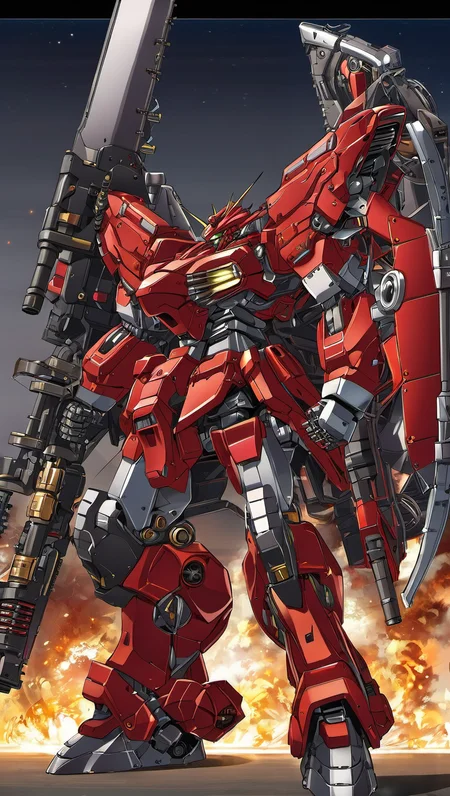 (ROBOTANIMESTYLE:0.8), best quality, masterpiece,mecha robot, (large size robot:1.5), glowing, (full body:1.2),mechanical parts, robot joints, (Detailed eye description:1.2),(huge mechanical weapon:1.3),(detailed shield description:1.2), (detailed weapon description:1.2),(huge mechanical gun:1.2), (holding weapon :1.6) <lora:srdxl_v2k:0.4>