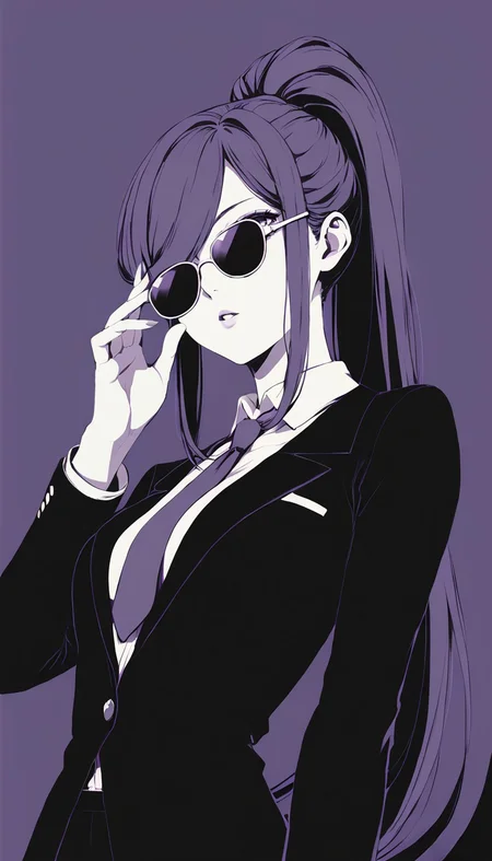 ([violet] theme:1.4),solo
1girl,very long hair,straight hair,high ponytail, swept bangs, long bangs, hair over one eye, medium breasts, (collared shirt, necktie, black suit:1.1), upper body, (dutch angle:1.3), contrapposto, pose, parted lips, skinny, from below, adjusting eyewear,
(limited palette, flat color:1.3), (violet background:1.2), (sunglasses:1.1),(sky background, huge cloud:1.2),
[realistic,3d::0.1],
score_9, score_8_up, score_7_up,score_6_up,best quality, hires, retro artstyle,
<lora:Limited_palette-Pony:0:0.9>,<lora:Fixhands_anime_bdsqlsz_V1:1>,<lora:DobunezuMix-Pony:0:0.8>