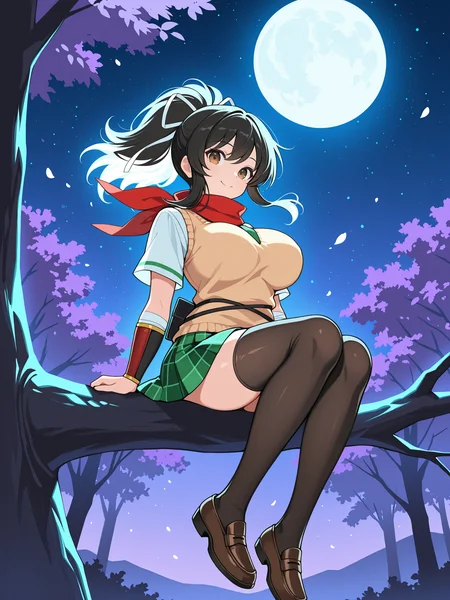masterpiece, best quality, amazing quality, by [diyokama|say hana|lam]
(solo:1.4), Asuka_IL, brown eyes, black hair, ponytail, white hair ribbon, large breasts, red scarf, asuka_shinobi_outfit, beige sweater vest, green necktie under sweater, white shirt with short sleeves, green stripe piping, brown crossed straps, forearm guards, bandages under forearm guards, green plaid skirt, black stockings, brown loafers
floating hair, glowing hair, night scene, moon in the sky, purple hues, starry night, dreamlike atmosphere, glowing edges, mystical, high contrast, ethereal light, sitting on a tree branch, light particles
<lora:SK_Asuka_IL:0.8>