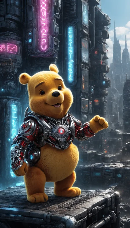 hyperrealistic art breathtaking biomechanical style a (bionicle Winnie the Pooh, red bionicle battle suit, shiny chrome, glossy steel, style of disney, Honey pot:1.21), close shot, detailed, (style of cyberpunk, cyberpunk slum environment, cyberpunk neon city background, shiny advertising signs, neon signs, a futuristic city giant skyscrapers:1.15)
<lora:add-detail-xl:1.5> . blend of organic and mechanical elements, futuristic, cybernetic, detailed, intricate . award-winning, professional, highly detailed . extremely high-resolution details, photographic, realism pushed to extreme, fine texture, incredibly lifelike