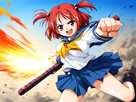 score_9, score_8_up, score_7_up, source_anime, rating_explicit, BREAK <lora:Megumi_Ver2.0_XL:0.9> Megumi, red hair, short hair, hair bobbles, brown eyes, hair ornament, two side up, twintails, breasts,
1girl, solo, weapon, drill, school uniform, red hair, short hair, firing, serafuku, open mouth, brown eyes, smile
outdoor, day,