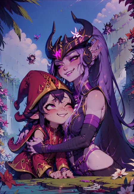 score_9, score_8_up, score_7_up, score_6_up, 2 girls, Lulu and Syndra, Syndra is hugging Lulu, young face, shy smile