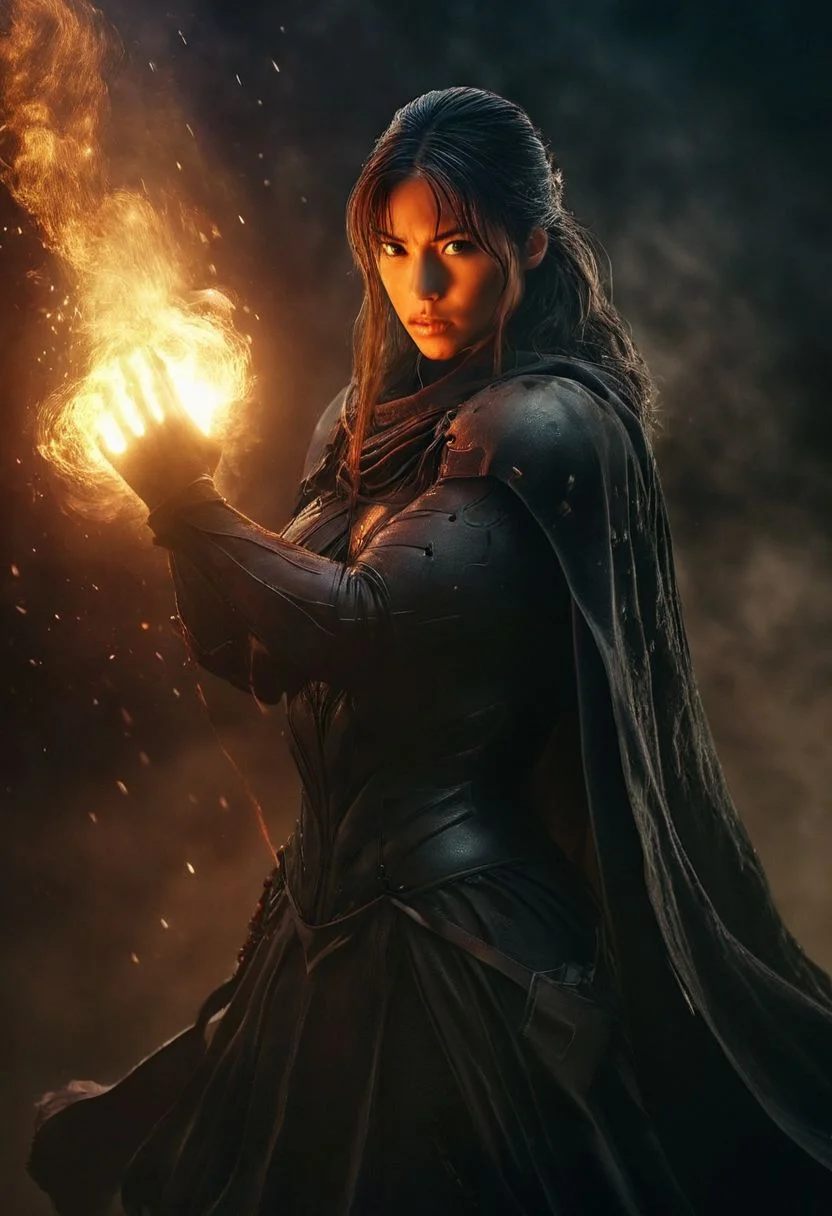 Inspiring closeup Masterpiece: A Hyper-Realistic Portrait with Ultra Detailed Anatomy. Witness the Majestic female busty long haired guts from Berserk in a High Kick Stance, Evoking Kentaro Miura's Style. Tousled Hair, black Warrior high collar cape, Blood, dust, punching through smoke, light beams, Experience the Hyper-Detailed knightess in Action, Captured in UHD Quality. From a Sideview, the tranquil beauty of a weeping willow by a serene lake, its curtain-like branches gently filtering the translucent colorful morning sun., the Scene Offers Cinematic Atmosphere with Deep Blacks and Atmospheric Haze. Shot in Cinemascope, this Candid Camera Moment Delivers Moody Epicness with Imperfections Intact. Explore the Deep Dark Depth Effect and Shallow Depth of Field for an Atmospheric Lighting Experience.