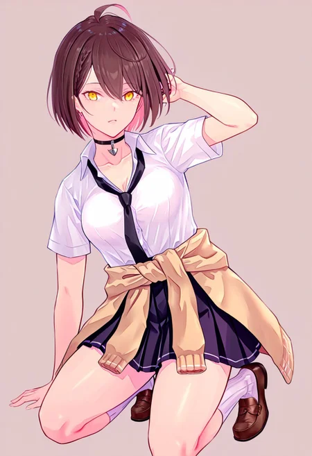 score_9, score_8_up, score_7_up, score_6_up, score_5_up, score_4_up, source_anime, solo, 1girl, 
baerdimore,brown hair,yellow eyes,ahoge,short hair, 
b_uniform,choker,white socks,short sleeves,black necktie,clothes around waist,loose necktie,pleated skirt,brown loafer, 
masterpiece, best quality, very aesthetic, absurdres,