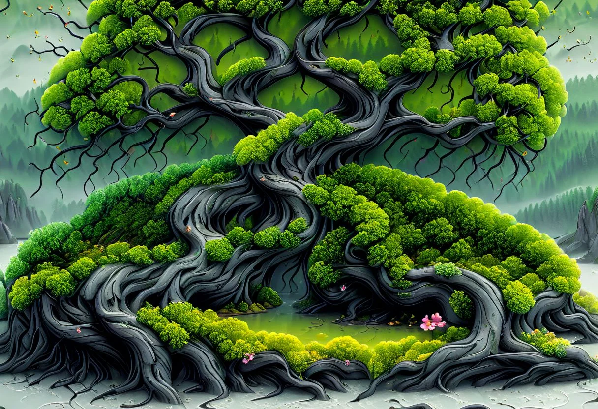 large tree on an island with lots of boulders in the water, moss grows where it can along with flowers, a multitude of trees can be seen forming a forest, artflwtr