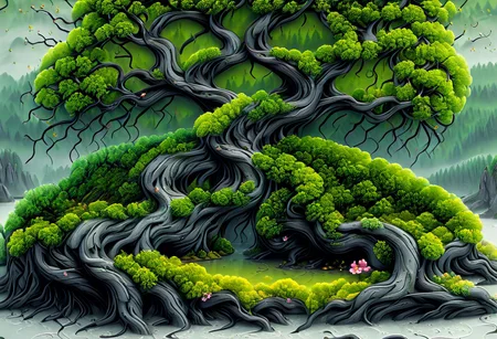large tree on an island with lots of boulders in the water, moss grows where it can along with flowers, a multitude of trees can be seen forming a forest, artflwtr