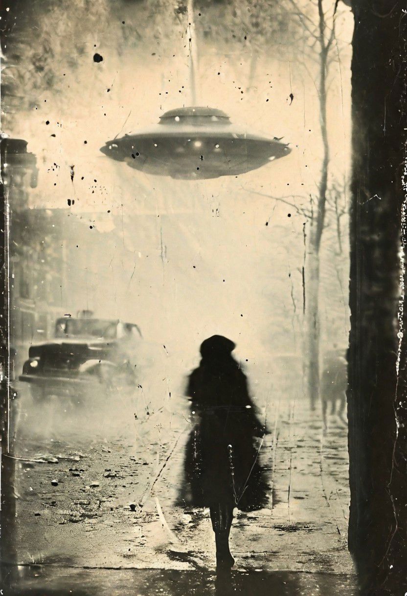 B&W 35mm vintage street photo of an UFO flying  in NY     <lora:Vintage_Street_Photo:1.0>