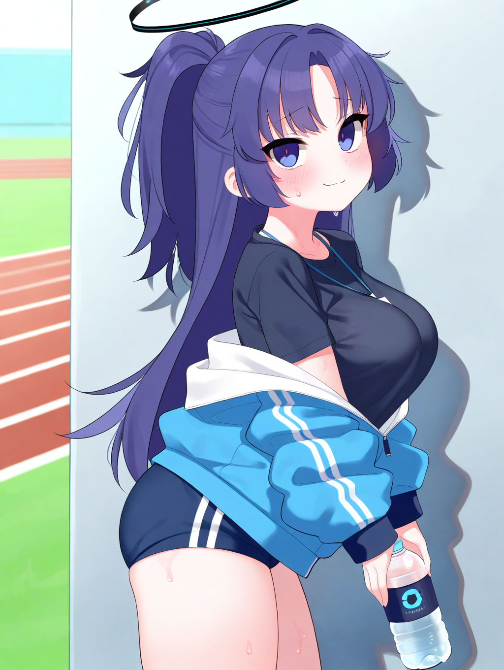 (masterpiece,best quality,ultra_detailed,highres,absurdres:1.2,amazing quality,very aesthetic),<lora:pedocchi style  wai_ilxl_v1-000012:0.8>,1girl,solo,yuuka \(track\) \(blue archive\),standing,coat,sweat,gym shorts,shirt,holding cup,water bottle,smile,looking at viewer,jacket,, (masterpiece,best quality,ultra_detailed,highres,absurdres:1.2,amazing quality,very aesthetic),Smooth Negative,