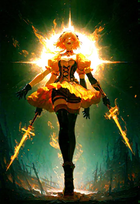 masterpiece, best quality, very aesthetic, absurdres, 
scifi, fantasy, masterpiece, best quality, great composition, four arms, many limbs, asymmetry, asymmetrical arms, holding enormously big magic staff enchanted with the souls of the damned, Creepy magical girl that appears ghostly and otherworldly. Her form hovers above the ground, giving it an ethereal and unsettling presence. She is wearing yellow steampunk dress, brown shorts, black tights, brown boots, black gloves. with sharp, jagged features that make it look both menacing and unnatural. Her face is evil but beautiful, wide smile, obscured, often appearing as a shadowy void or with glowing eyes that pierce through the darkness.
Her arms are elongated and end in claw-like appendages, giving it a sinister, predatory look. Her lower body fades into a swirling mist and fire, emphasizing its incorporeal nature. She moves fluidly, as though gliding effortlessly, and her presence is often accompanied by an eerie glow or shimmering aura.