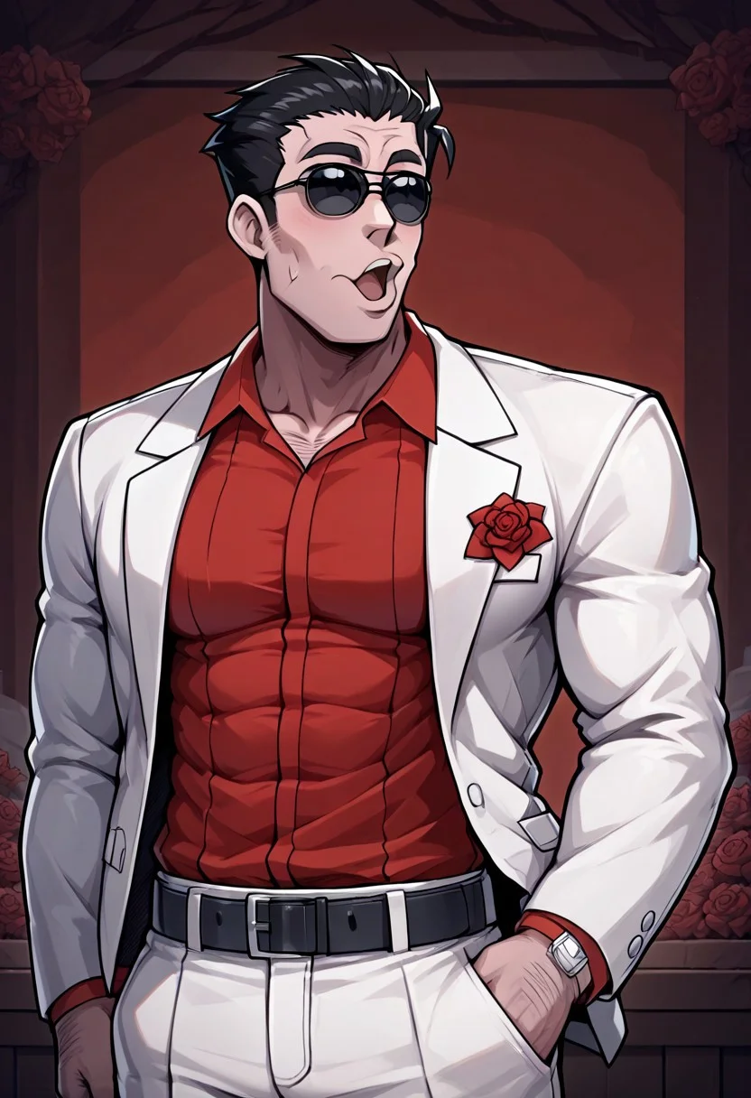 masterpiece, best quality, newest, absurdres, highres, anime, anime style, POG-V1.0IL, pogchamp (meme), meme, :o, 1boy, helltaker (helltaker), black hair, short hair, muscular, muscular male,
sunglasses, glasses, 
white jacket, white pants, black belt, red shirt, formal clothes, flower in clothes, open jacket