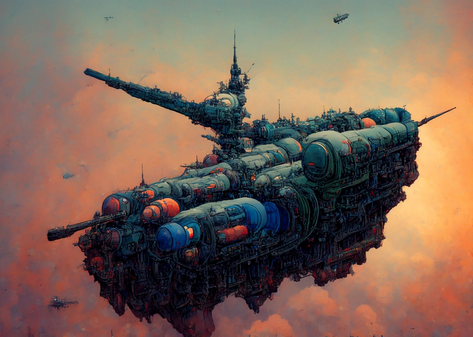 textless, JovianSkyship, jovian-skyship firing broadside artillery, turrets, cannon firing, smoke
