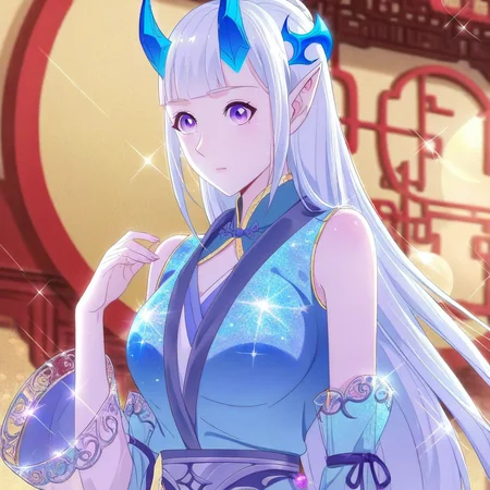 Smooth Quality, highres, hi res, best quality, masterpiece, intricate details, absurdres, 8k, (official art, anime screencap:1.1), glitter, depth of field, pinup, Glamor, XJUNXUE, 1girl, white hair, Long hair, purple eyes, chinese clothings, detached sleeves, Pointy ears, blue horns,