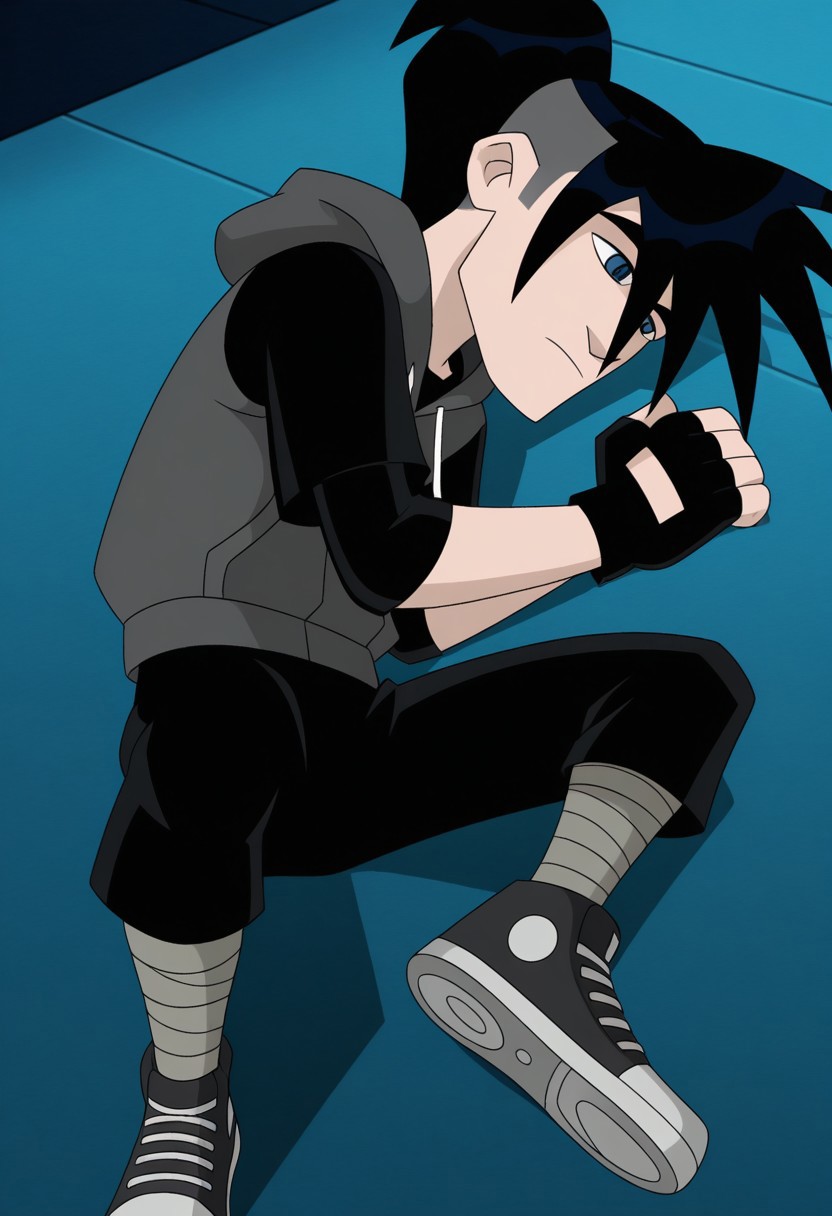 score_9, score_8_up, score_7_up, LevinDevlin, 2D animated, cartoon style 1boy, solo, Male, spiky hair with a ponytail, black hair, undercut, light skin, blue eyes, thin eyebrows, small nose, thin body, black long-sleeve shirt, gray short-sleeve, hoodie with white drawstrings, black pants, beige knee bandage, black and gray high-top sneakers, white soles, black fingerless gloves, sleeping
