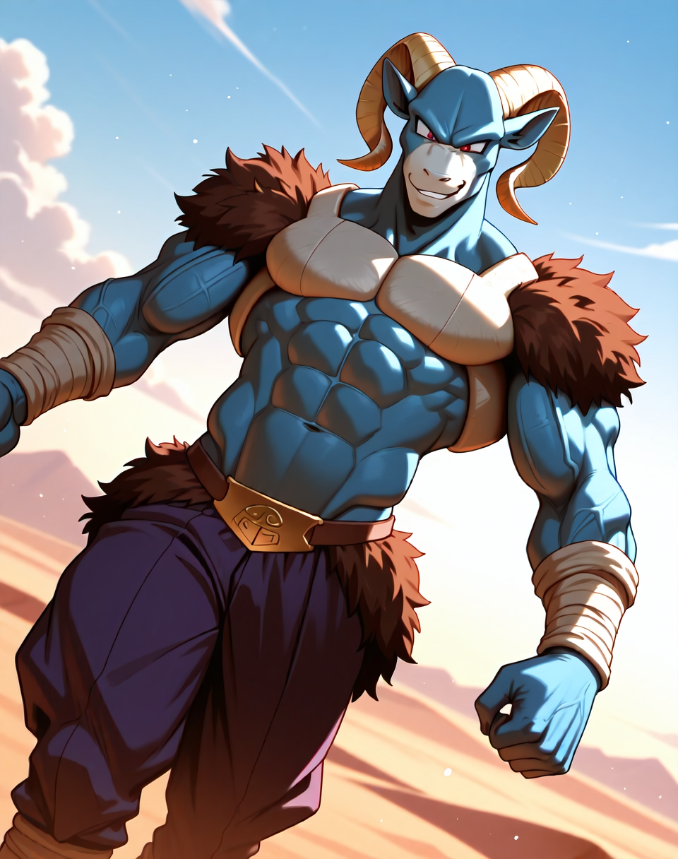 <lora:Moro_3rd_Form_(Dragonball_Z)_(Illustrious)_(AD):1.3> Moro, muscular, goat, 
((
dutch angle, exterior, desert, sky with detailed clouds, 
male focus, gradient coloring, solo, cowboy shot, bent leg, perfect proportions, hyper muscular, veiny muscles, goat head, blue body, sexy, large shoulders, large biceps, large thighs, abs, soft shading, evil smirk, 
)), 
BREAK very awe, aesthetically pleasing, masterpiece, best quality, amazing quality, very aesthetic, perfect depth of field shot, in'ei, furry_art, source_furry, source_anime, 
EZRealPONYXL, zPDXL, Smooth Quality, lazympos, IllustQualXL_Pos,