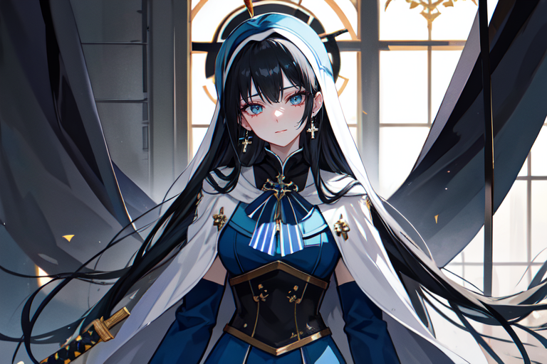 highly insanely detailed, masterpiece, top quality, best quality, highres, 4k, 8k, RAW photo, (very aesthetic, beautiful and aesthetic),  
beth_\(megami_tensei\),bethsmtii,shin megami tensei ii,long hair,black hair,straight hair,sleek black,jewelry,cross,headband,red_lipstick,messian_cross_earrings,cross_earrings,religious_earrings,messian_symbol_jewelry,white cape,cape_with_messian_symbol,Religious_cape,messian_symbol_cape,holy_knight_cape,bandana_with_messian_symbol,Religious_bandana,symbol_headband,messian_church_bandana,Blue_dress,armored_corset,blue shirt,katana,sword,Tokyo_Millennium,post-apocalyptic_city,dystopian_world,Center_District,City_center,ruling_government,Valhalla,Entertainment_district,Millennium_News_Network,City_news,propaganda_broadcasts,information_contro,Order_of_Messiah,Religious_order,messianic_cult,divine_rulers, 
<lora:zs_Beth:0>, 
(1girl:1.3), 1other, 
prison cell,âââ
