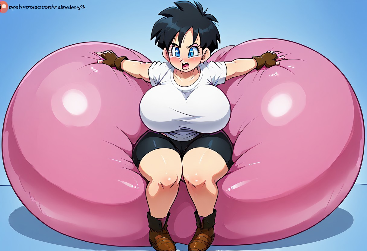 (masterpiece, best quality:1.3) hips out, nervous, furrowed eyebrows, bending over videl, solo, 1girl, (sexy moaning:1.2), short hair, black hair, blue eyes, (hyper breasts:1.2), ( huge butt:1.3), black fingerless gloves, biker shorts, <lora:videl-15:0.7> ((sitting on a hyper round balloon:1.5)), bouncing off,  (sitting on pink balloon:1.5, s2p), breasts wobble, legs squeezing balloon till it pops, inflated balloon trapped viewer, front view