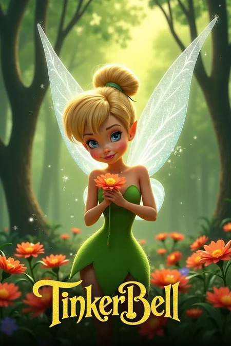 An imaginative movie poster with the bold title 'Tinker Bell' TinkerWaifu in a forest around multiple flower, she is holding a beautiful flower, fairy wings, blue eyes, green dress, sexy, hair bun,, magic particles, captured in high detail