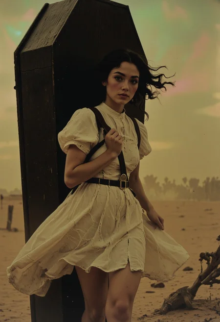 The oriental chaika coffin princess, Extreme Upper Body Closeup Portrait, enveloped in a flowing, tattered white summer dress that clings to her worn and weary form. Her eyes, sunken and burning with determination, peer out from beneath her disheveled hair, strands whipping wildly in the desert wind. A massive, ancient black wooden coffin is strapped to her back like a heavy backpack, towering ominously above her fragile frame. The coffin’s rough-hewn surface bears deep grooves, creaking with every painful step she takes. With a fatigued but resolute expression, she trudges through a violent desert sandstorm, her body leaning into the fierce winds. The air around her is thick with swirling sand, visibility reduced to shadows in the storm. Her once-pristine dress flutters violently in the gusts, its delicate fabric torn and stained by the harsh environment. The intricate patterns on her dress seem to shift in the storm's chaos, and despite her exhaustion, an aura of inner strength glows faintly around her as she carries the weight of the coffin through the desolate wasteland. The scene is bathed in dim, atmospheric light, with washed-out neon hues of pink, green, and blue creating a surreal and moody aesthetic.