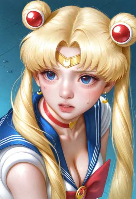 masterpiece,best quality, squatting, tsukino usagi, sailor moon,bishoujo senshi sailor moon,sailor moon redraw challenge (meme), sailor senshi uniform, 1girl, blonde hair, twintails, blue eyes, sailor collar, long hair, hair over shoulder, cleavage, breasts, collarbone, hair bun, parted bangs, double bun, parted lips, choker, earrings, crescent, circlet, diadem, sweatdrop, solo, upper body, from side, meme, crescent earrings, jewelry, heart choker, blue sailor collar, red choker,5p2/57, realistic,
