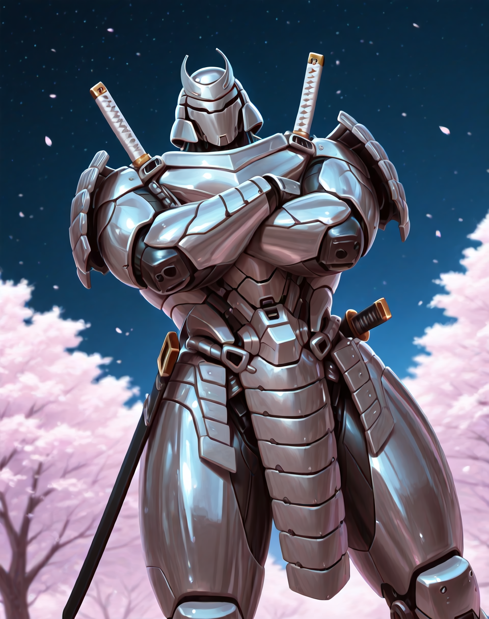 <lora:Silver_Samurai_(Marvel_Comics)_(Illustrious)_(AD):1> Silver Samurai, robot, armor, 
((
exterior, traditional Japanese noble's estate home, cherry blossoms, night sky, 
dutch angle, dynamic action, male focus, solo, fully armored, villain, hyper glossy body, powerful, superiority, arms crossed, 
)),
BREAK: very awe, aesthetically pleasing, masterpiece, best quality, amazing quality, very aesthetic, depth of field, absurd details, depth of field, atmospheric rendering, natural shading, soft shading, 
BREAK: lazympos, lazypos (3),