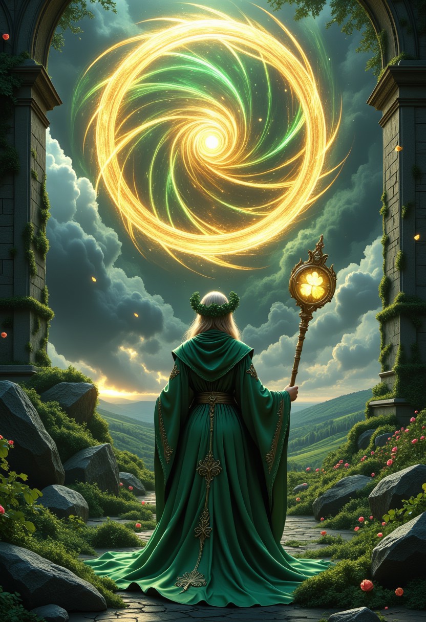 A semi-realistic fantasy concept art of a radiant lucky clover sorceress standing before a glowing ancient portal in a mystical landscape. She wears an elegant emerald and gold robe adorned with intricate four-leaf clover patterns, her golden eyes shimmering with magic. A staff with a glowing clover-shaped crystal rests in her hand, pulsing with enchantment. The ruins around her are covered in lush, green clover and vibrant enchanted roses, their petals drifting in the air. Mist rolls over the mossy stone path leading to the portal, which glows with swirling golden and jade energy. The landscape beyond features rolling hills and towering, ethereal trees. The entire scene follows a cutout-style with a white background, making the sorceress and her world appear as if emerging from the void.
