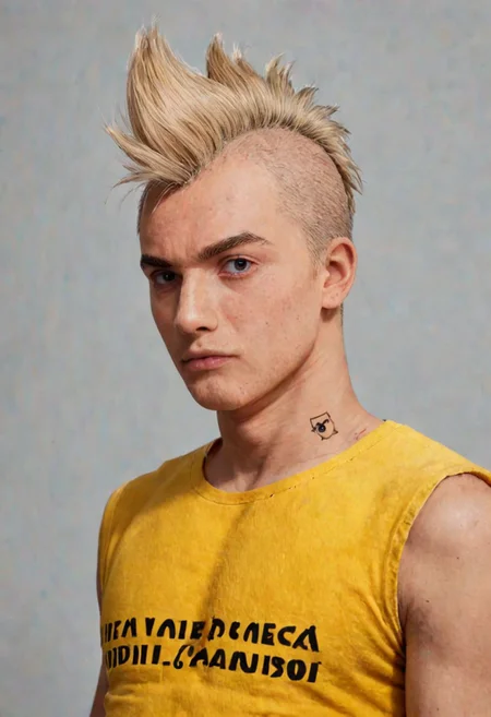 <lora:Meta_Punk:1>, realistic, 1boy, simple background, neutral expression , light skin, blonde hair, , yellow shirt,