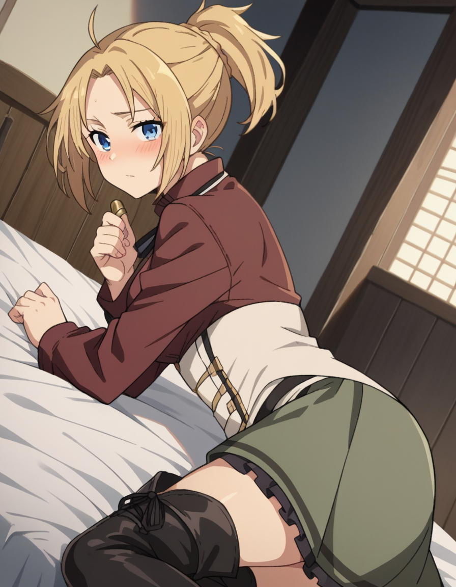score_9, score_8_up, score_7_up, source_anime,
zenithgreyrat, <lora:zenith-greyrat-s1-ponyxl-lora-nochekaiser:1>,
zenith greyrat, short hair, blonde hair, blue eyes, ponytail, ahoge,
skirt, shirt, thighhighs, long sleeves, ribbon, boots, black thighhighs, thigh boots, brown shirt,
indoors, bed, bed room, on side, blush, drunk,
looking at viewer, dutch angle, cowboy shot,