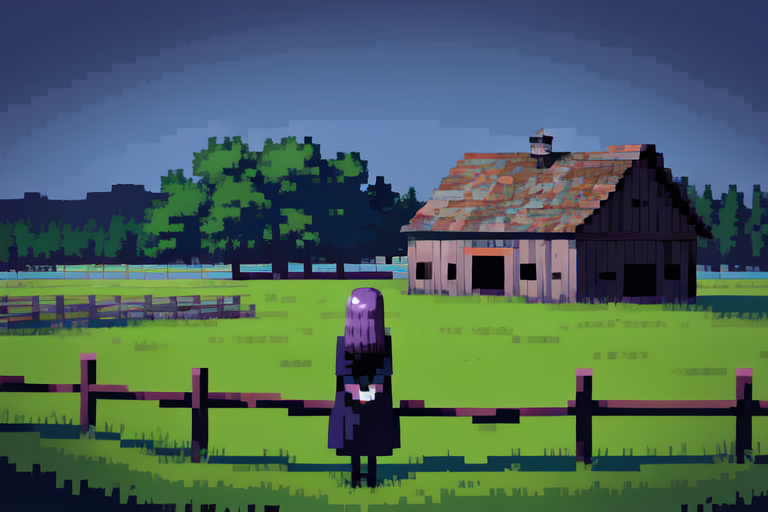 (otherworldly), highly insanely detailed, masterpiece, top quality, best quality, highres, 4k, 8k, RAW photo, (very aesthetic, beautiful and aesthetic), farm, fields, barn, fence, fantfa, <lora:FantasyFarm-10:0.3>, 
1girl, 
(purple hair ), 
(navy blue background),âââ