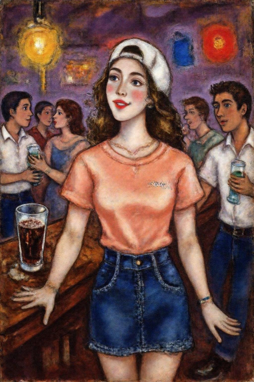 marcha9 painting 
 The air buzzes with the energy of a busy bar, a mix of music, conversation, and the clinking of glasses. A barmaid, the embodiment of youthful vibrancy, navigates the lively scene. She wears a peach-coloured T-shirt, the soft fabric contrasting with the smooth, cold glass of coke she carries on a small tablet. Her short skirt adds a playful touch, and a backwards baseball cap hints at a carefree attitude. The setting and atmosphere are palpable: the warm, slightly sticky surface of the bar counter under her fingertips, the dim, colourful lighting that casts playful shadows. Sensory details are abundant: the condensation forming on the glass of coke, the texture of her denim skirt, and the way the bar lights catch the highlights in her hair. Her confident stride, her quick smile, and her efficient movements. Stylistically, the image draws inspiration from the vibrant, candid shots of nightlife photographers, with a touch of the stylized realism found in contemporary illustration. There's a deliberate contrast between the barmaid's youthful energy and the slightly worn, lived-in atmosphere of the bar, creating a dynamic and engaging image.  <lora:marcha2_cap_d6a3e15:1.0><lora:814276343056365637:0>