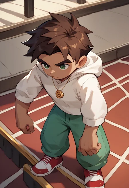 score_9, score_8_up, score_7_up, Raimundo, 1boy, dark brown hair, dark green eyes, tan skin, gold spiral circle necklace, white hoodie, green pants, red white shoes,