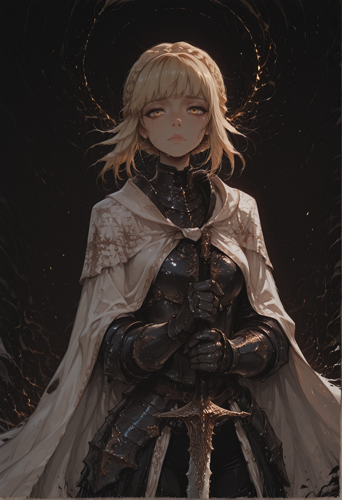 score_9, score_8_up, score_7_up, masterpiece, best quality, very aesthetic, incoth, (incase:0.6), r17329_illu, (dynamic:1), highres, detailed, 1girl, KnightLeda, blonde hair, bangs, crown braid, hair floating on wind, yellow eyes, sad, (cry, tears:1.1), looking at viewer, needle knight armor, armor, white cape, gloves, gauntlets, black pants, holding sword, sword, leda sword, black background
<lora:Needle_Knight_Leda_-_Maly007_lora:0.75>::0.3
<lora:r17329_illu:0.3> 
<lora:PlantraStyleMix:0.8>
<lora:incoth:0.4>