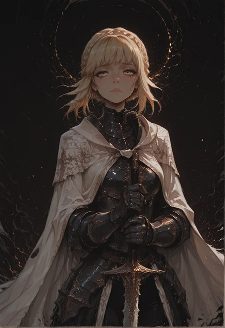 score_9, score_8_up, score_7_up, masterpiece, best quality, very aesthetic, incoth, (incase:0.6), r17329_illu, (dynamic:1), highres, detailed, 1girl, KnightLeda, blonde hair, bangs, crown braid, hair floating on wind, yellow eyes, sad, (cry, tears:1.1), looking at viewer, needle knight armor, armor, white cape, gloves, gauntlets, black pants, holding sword, sword, leda sword, black background
<lora:Needle_Knight_Leda_-_Maly007_lora:0.75>::0.3
<lora:r17329_illu:0.3>
<lora:PlantraStyleMix:0.8>
<lora:incoth:0.4>