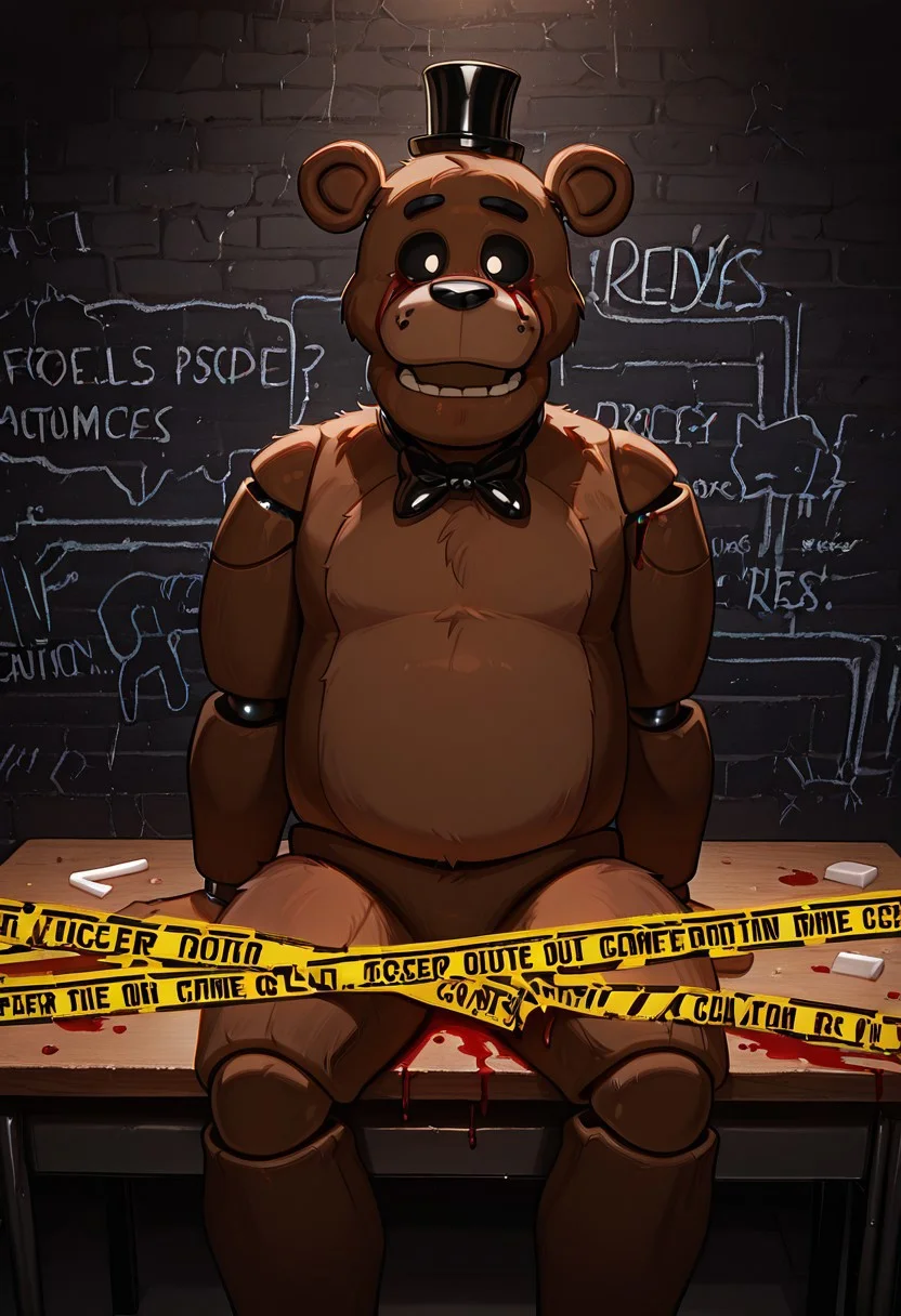 masterpiece, best quality, amazing quality, very aesthetic, absurdres, newest, detailed background,
cartoon, screencap,
freddyit, 1boy, black mini top hat, black bowtie, bear ears, joints, teeth, animatronic,
closed mouth, horror, sitting on table, eyeless sockets, eyeless, black sclera, no pupils, tilted head, blood everywhere, dripping blood,, C1m3Scene, murder outline in background, murder scene, crime scene investigation, blood splatter, chalk outline, body outline, caution tape, little yellow cones with numbers on them,, KOTC, caution tape
