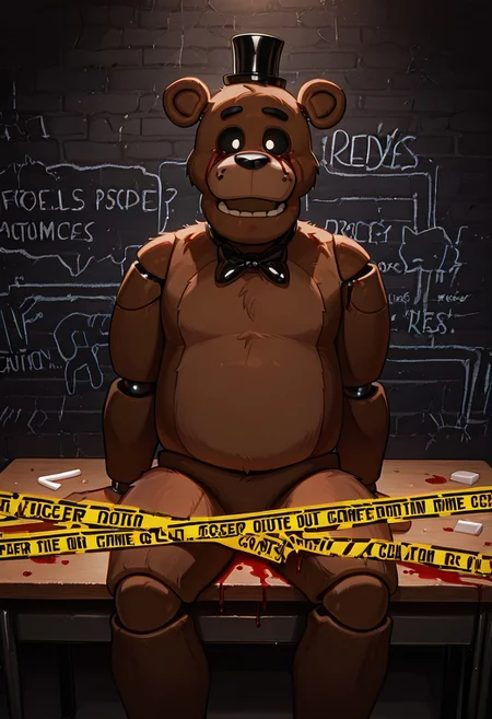 masterpiece, best quality, amazing quality, very aesthetic, absurdres, newest, detailed background,
cartoon, screencap, 
freddyit, 1boy, black mini top hat, black bowtie, bear ears, joints, teeth,  animatronic,
closed mouth, horror, sitting on table, eyeless sockets, eyeless, black sclera, no pupils,  tilted head, blood everywhere, dripping blood,, C1m3Scene, murder outline in background, murder scene, crime scene investigation, blood splatter, chalk outline, body outline, caution tape, little yellow cones with numbers on them,, KOTC, caution tape